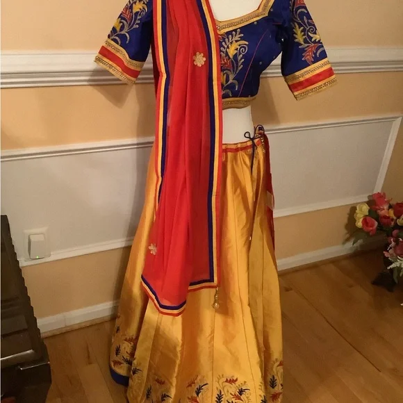 Vibrant Blue and Yellow Embroidered Lehenga Choli - Picture 4 of 12